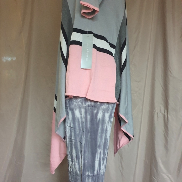 NY Collection Pink & Grey Strip Short Sleeve Asymmetrical Sweater Poncho Sz Md - Picture 12 of 15